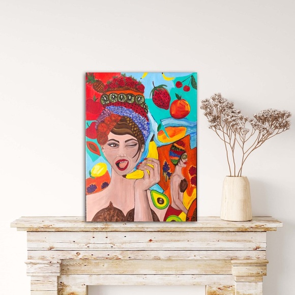 Fruit is Life, medium size painting, vegan, vegetarian woman, original home deco - Picture 1 of 7